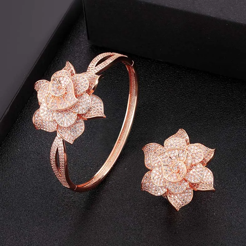 

Zlxgirl women 2PC African flower Bangle Ring Set Dubai Bridal Jewelry For Women's Wedding Cubic Zircon aretes de mujer bracelet