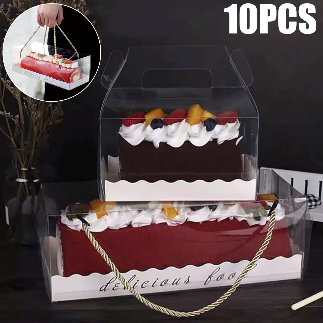 

10Pcs Transparent Cake Box with Handle Cake Roll Packaging Box Cupcake Swiss Pastry Clear Plastic Portable Packing Gift Box