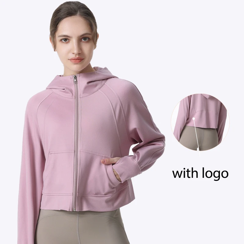 

With Logo Track Jacket Women Zip Hood Pocket Yoga Shirts Fall Winter Fitness Tops Sportswear Running Jackets Workout Cover Ups