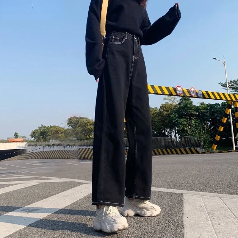 

Women All-match Korean Style Mopping Trousers Denim Vintage Black Solid High Waist Autumn Baggy Chic Ulzzang Street Casual
