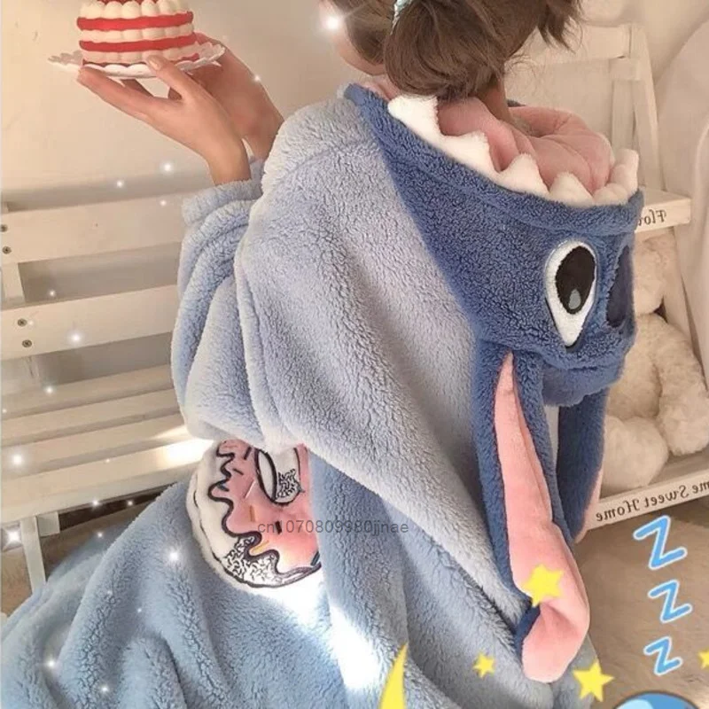 New Stitch Plush Pajama Sets Women Winter Warm Home Thicked Clothing SuitsY2K Girl Disney Cartoon Cute Hooded Nightgown Female