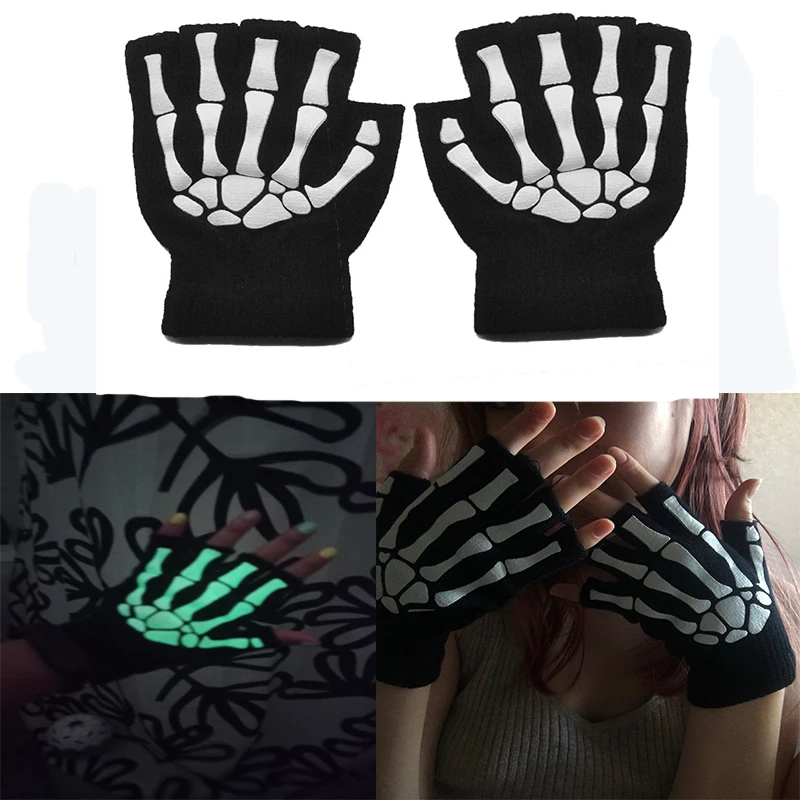 

Adult Solid Color Acrylic Half Finger Gloves Skull Gripper Print Riding Non-Slip Wrist Gloves Warm Knit Gloves