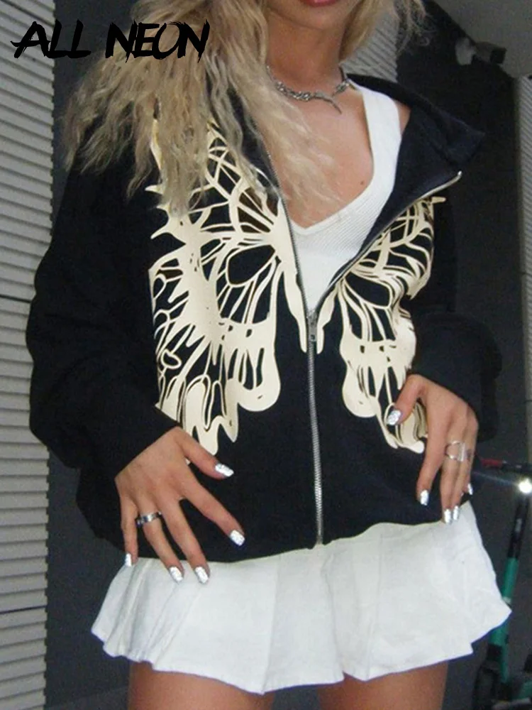 

ALLNeon Grunge Y2K Streetwear Butterfly Print Zip Up Oversize Hoodies Black Autumn E-girl Vintage Long Sleeve Graphic Sweats New