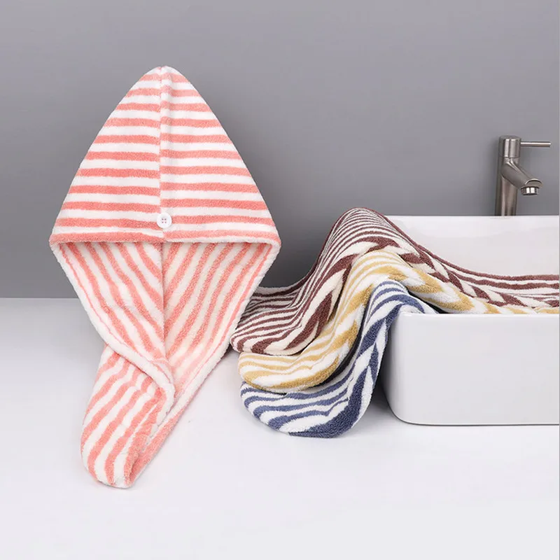 Fashion Striped 4 Color Shower Cap Towel Coral Warm Fleece Cationic Dry Hair Cap Microfiber Absorbent Stripe Dry Hair Cap Hot