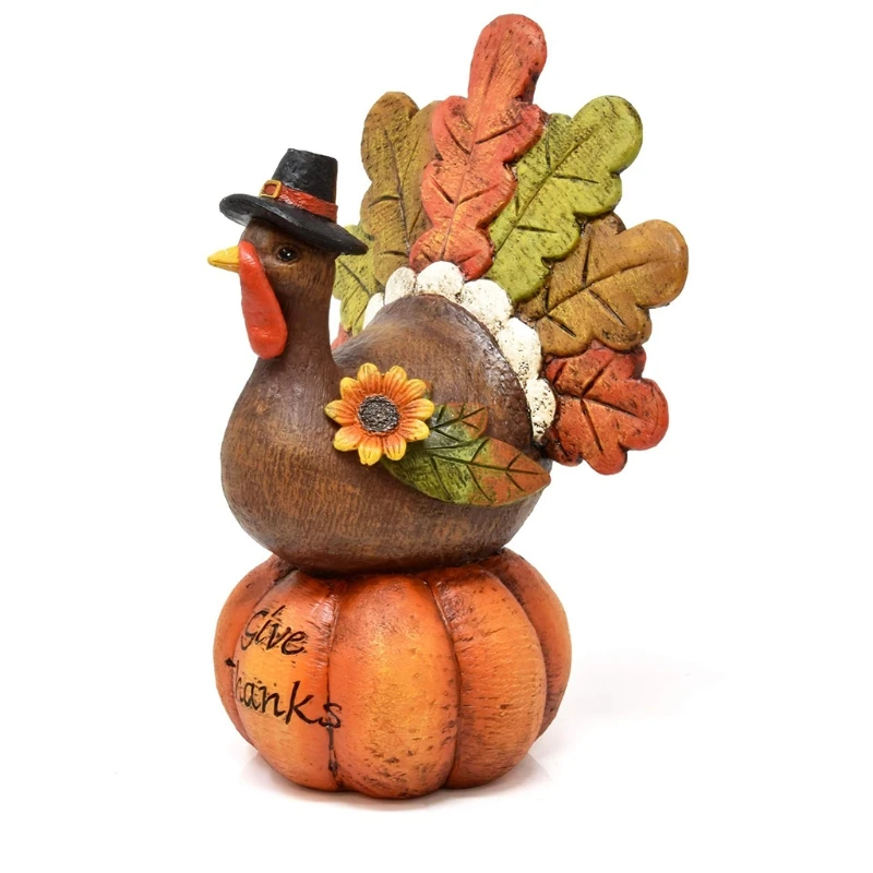 

Resin Turkey on Pumpkin Statue Ornament Thanksgiving Figurines Autumn Fall Harvest Dining Tablet Halloween Decoration