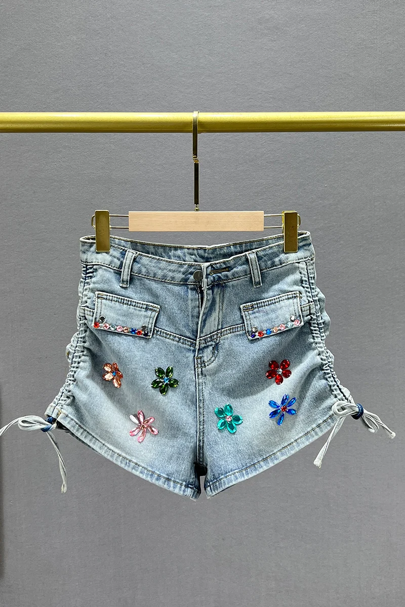Exquisite Rhinestone Denim Shorts Women's Trendy 2023 New Summer Stretch High Waist Slim Slimming Blue Jeans Shorts Hot Pants