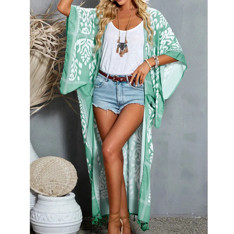 

2022 Hot Sale Women's Kimono Cardigans Summer Beach Long Casual Cover-ups Loose Flowy Split Swimwear