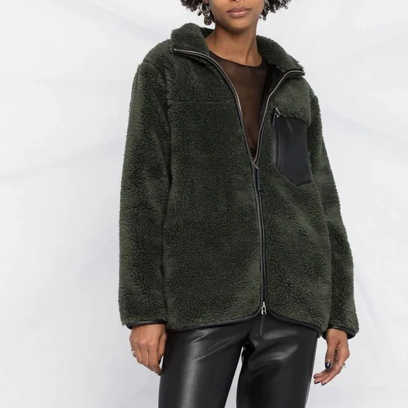 

23 Winter French New Temperament Lapel Zipper Fur Women'S Warm Green Artificial Wool Imitation Lamb Wool Coat
