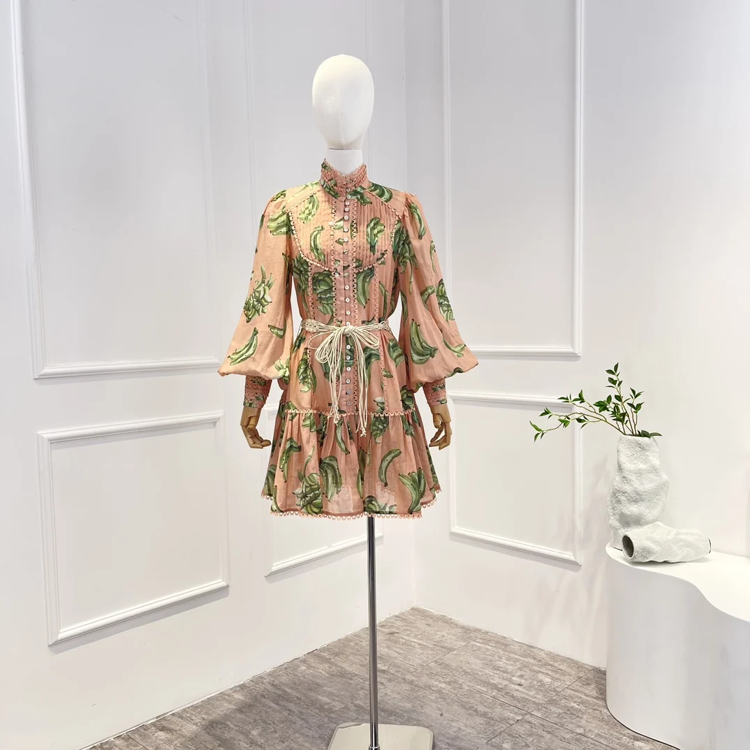 

Ramie 2023 New Vintage Summer Top Quality Long Lantern Sleeve Lace Frill Pleating Fruit Printing Belt Woman Mini Dress