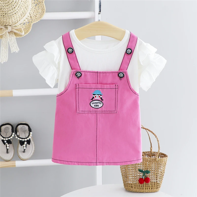 

Летние комплекты одежды для маленьких девочек, наряды для малышей, Детская Кружевная футболка с коротким рукавом, мультяшное платье, детская одежда для отпуска