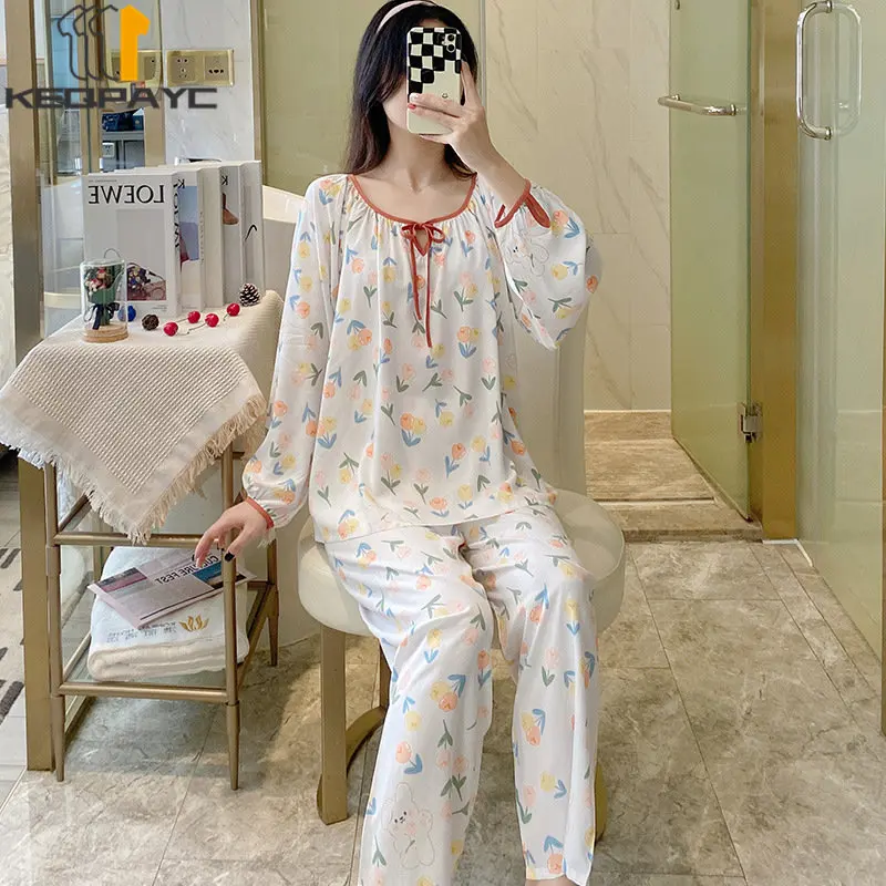 Women's Pajamas New 2023 Spring Autumn Long Sleeve Thin Sleepwear Homewear Women Sweet Floral Casual Nightwear Clothing Sets