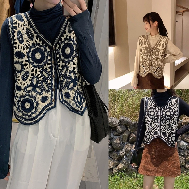 

New style Women Spring Crochet Sleeveless Sweater Vest Waistcoat V-Neck Button Down Hollow Out Knit Ethnic Floral Leaves Cropped