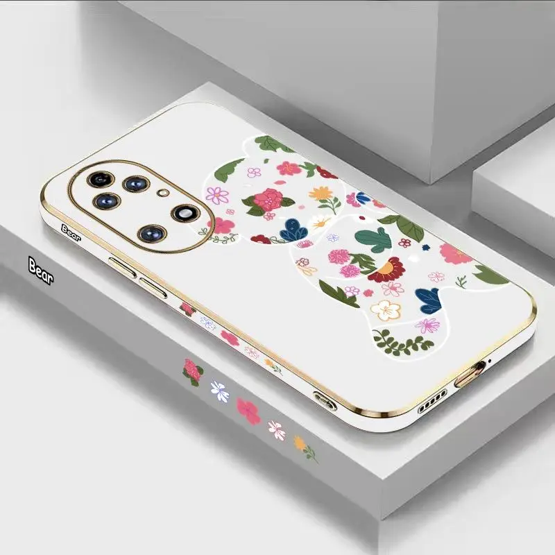 

Romantic Flower Bear Luxury Plating Phone Case For Huawei P50 P40 P30 P40 Lite P20 Pro Nova 10SE 9SE Mate 50 40 30 Pro Cover