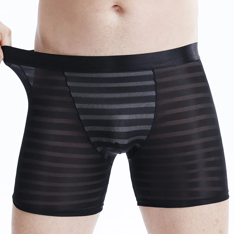 

Ice Silk Long Men Boxers Mid Waist Striped Mens Underwear Boxer Shorts Long Leg Trunks Underpants Sexy Ultra-thin Panties Cuecas