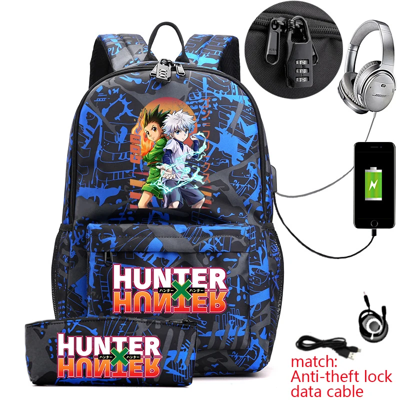 Фото Рюкзак Hunter x Hunter в стиле аниме для студентов, повседневный рюкзак с защитой от кражи и пеналом для мальчиков и девочек, школьная сумка №1