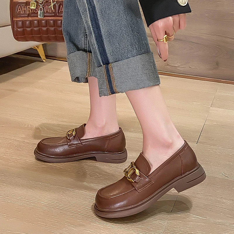 2023 New Leather British Style Small Leather Shoes Round Head Thick Heel Cover Foot Retro Single Shoes Fashion Casual Everything