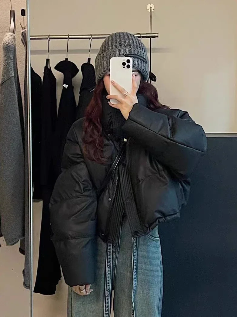 Черная раскладная куртка из искусственной кожи для женщин зимние пальто толстый