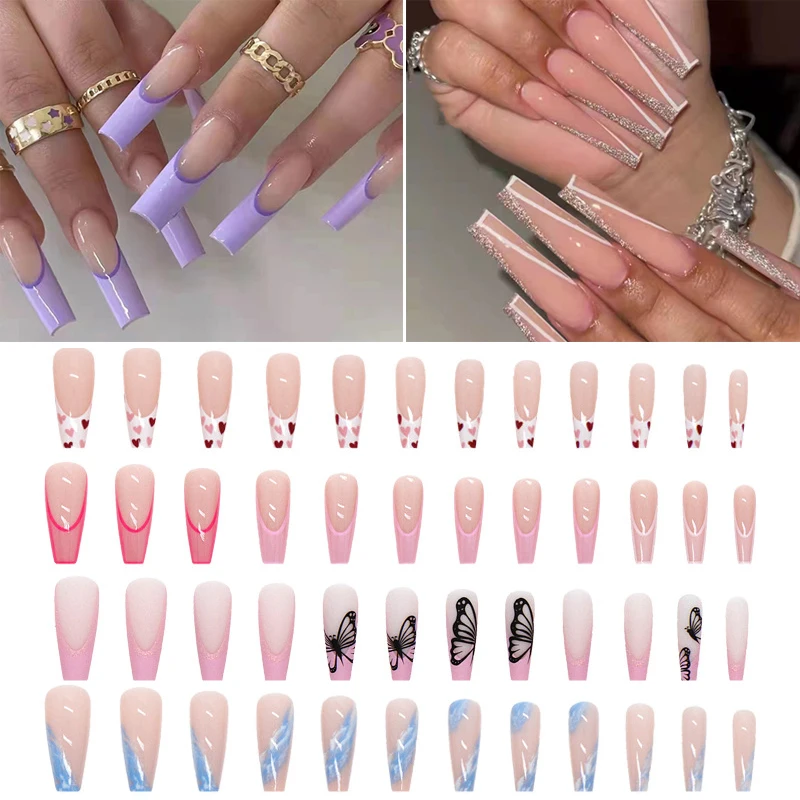 

24PCS False Nail Tips 3D Coffin Ballerina French Artificial Nail Extension Full Cover Manicure Press On Nail Reusable Decoration
