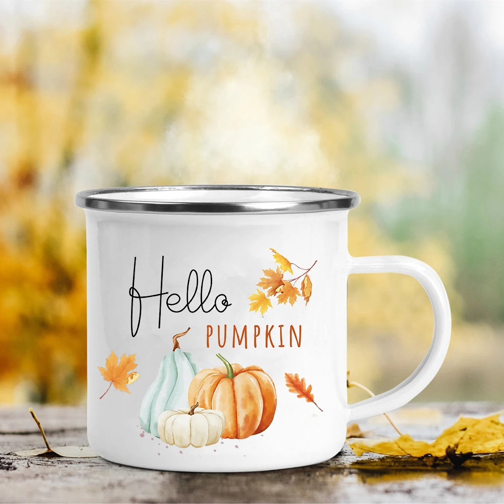 

Hello Pumpkin Leaves Printed Enamel Mugs Coffee Cups Fall Thanksgiving Party Wine Juice Mug Dessert Cocoa Milk Handle Cup Gifts
