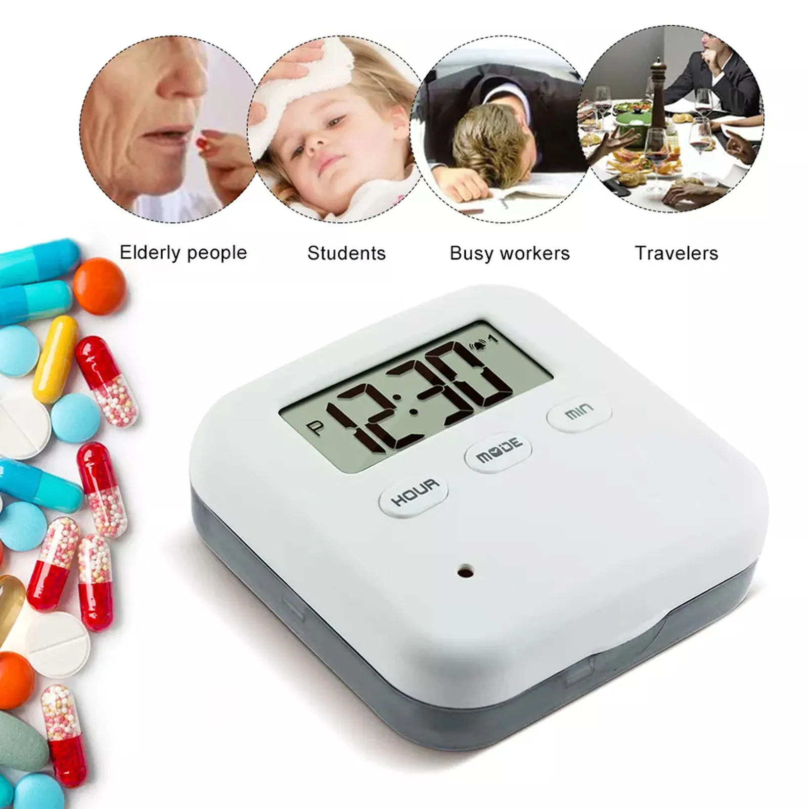 

4 Grid Smart Portable Pill Box With 5 sets of Timer Alarm ,Travel Eletronic Digital Smart Medicine Pill Reminder Box Organizer