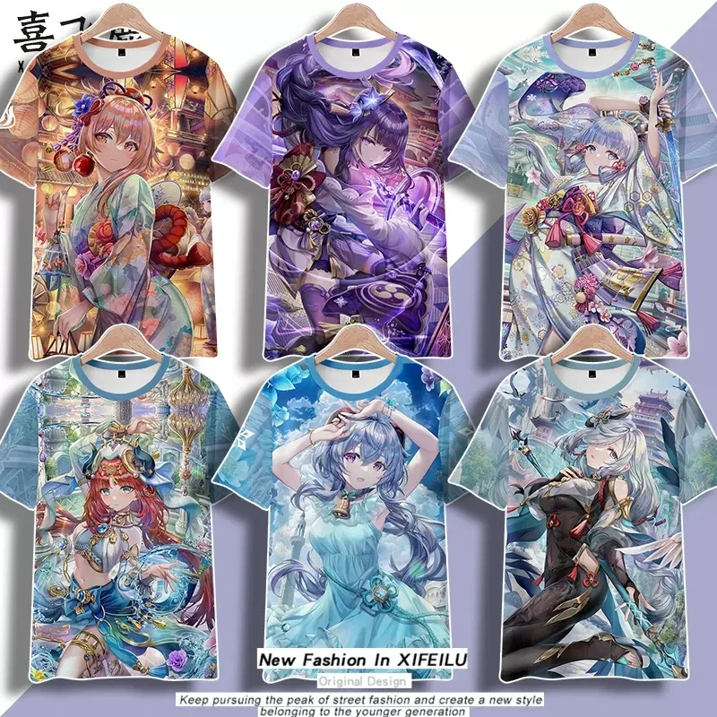 

Anime Genshin Impact Ganyu Hu Tao Nilou Raiden Shogun Baal T-Shirt Shorts Cosplay Costume Student Summer Unisex Loose Shirt Tops