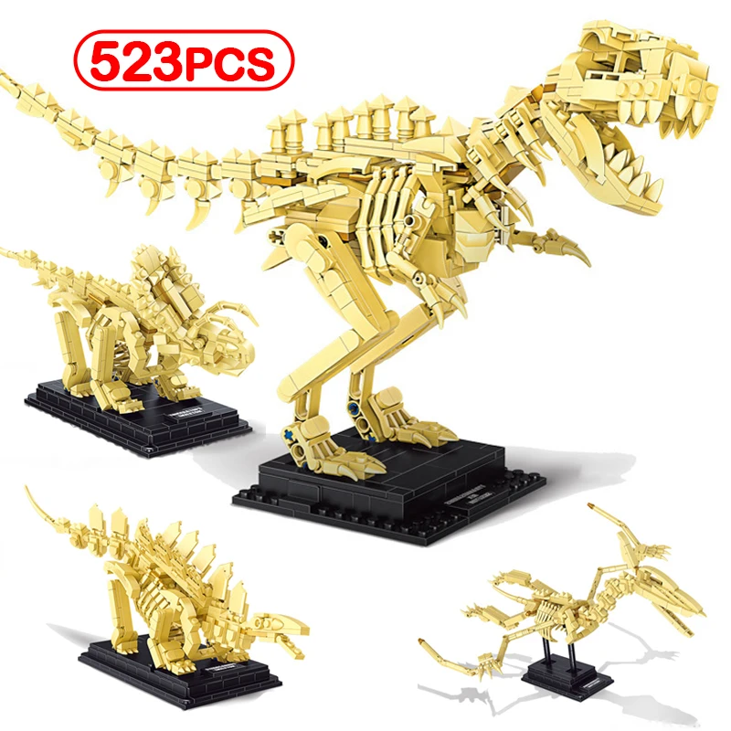 

523PCS Jurassic World Museum Dinosaur Tyrannosaurus Rex Model Building Blocks Triceratops Fossils Skeleton Bricks Toys for Kids