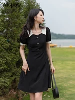 mishow 2022 summer womens dress french hepburn style slim female short sleeve temperament a line bow black dresses mxb22l0749