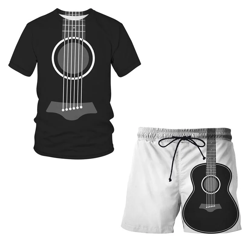 2023 Summer New Instrument Guitar 3D Printed Casual Men's Suit Short sleeve T-shirt + Sports Shorts 2-piece Sets O-Neck Loose