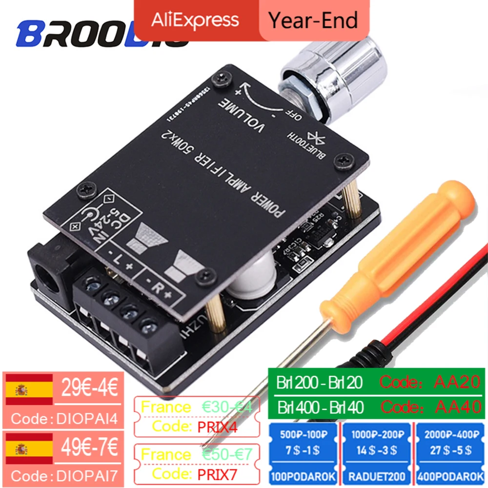 

Bluetooth 5.0 Receiver Amplifier Board Dual Channel 50W*2 Mini Wireless Stereo Audio Digital Amplifiers Module For Home Speakers