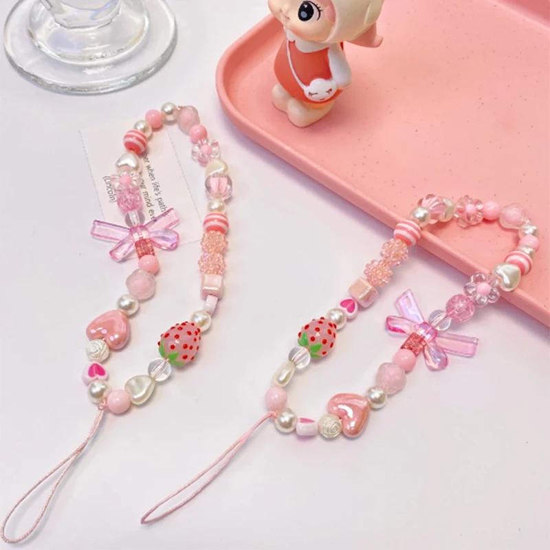 

Sweet Strawberry Mobile Phone Chain Romantic Pink Bow Lovely Beaded Charm Women Girls Bracelet Phone Case Lanyard Accessories