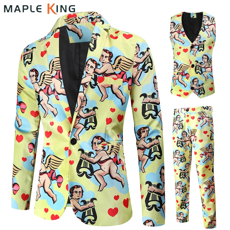 

Funny Cupid Printed Suit Set Men Party Stage Single-breasted Boutique Blazers 3 Piece Jacket + Vests + Trousers Terno Masculino