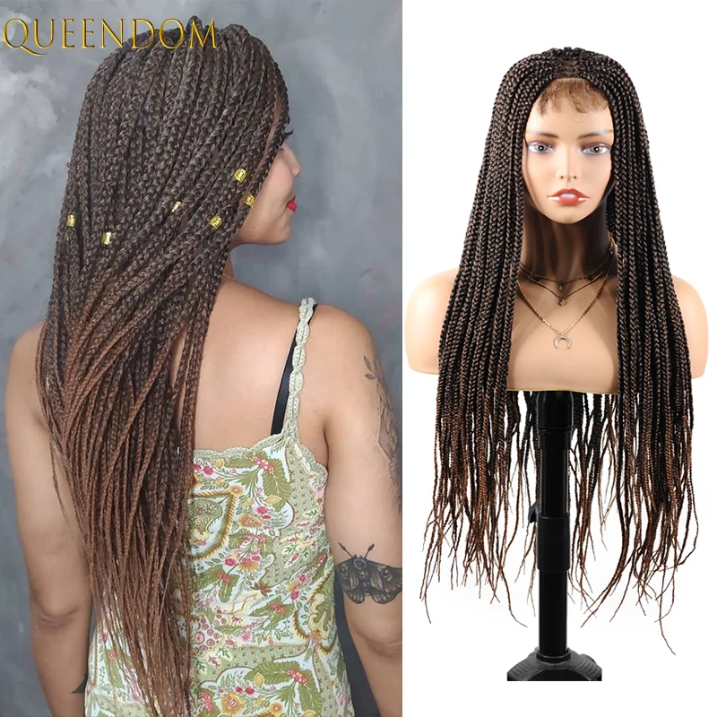 Knotless Box Braided Women's Wigs 30 inch Long Lace Front Braids Wig with Babay Hair Synthetic Ombre Brown Cornrow Braiding Wig