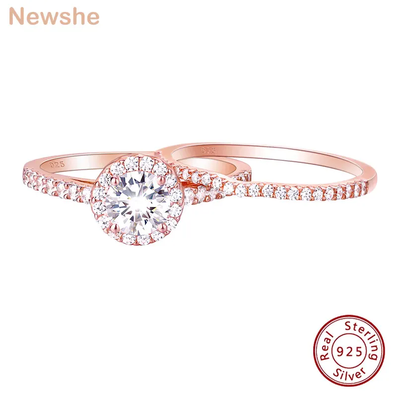 

Newshe 2 Pcs Rose Gold Wedding Ring Sets For Women 925 Sterling Silver Brilliant Round Cut AAAAA Zircon Engagement Rings