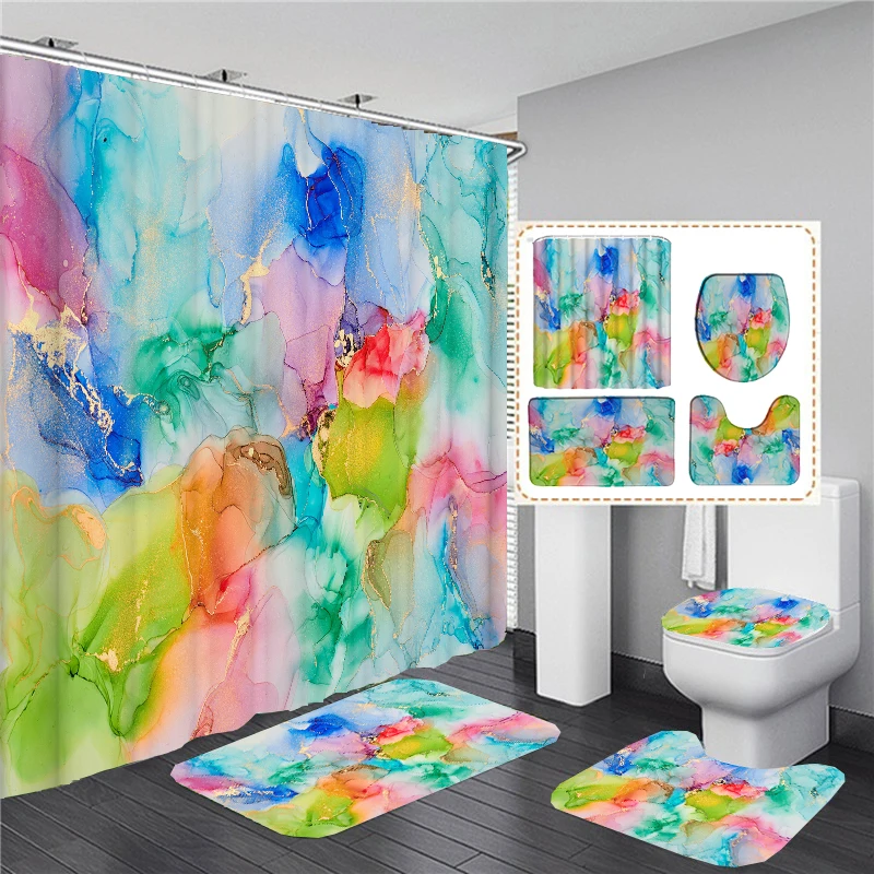 

Marbling 3D Printing Shower Curtains Marble Golden Veins Bath Mats Set Pedestal Rug Toilet Lid Cover Bathroom Curtain with Hooks