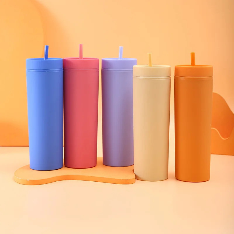 16oz Plastic Cup with Lid and Straw Portable Coffee Mug Double Wall Skinny Tumbler Children Water Bottle Simple Modern Tumbler