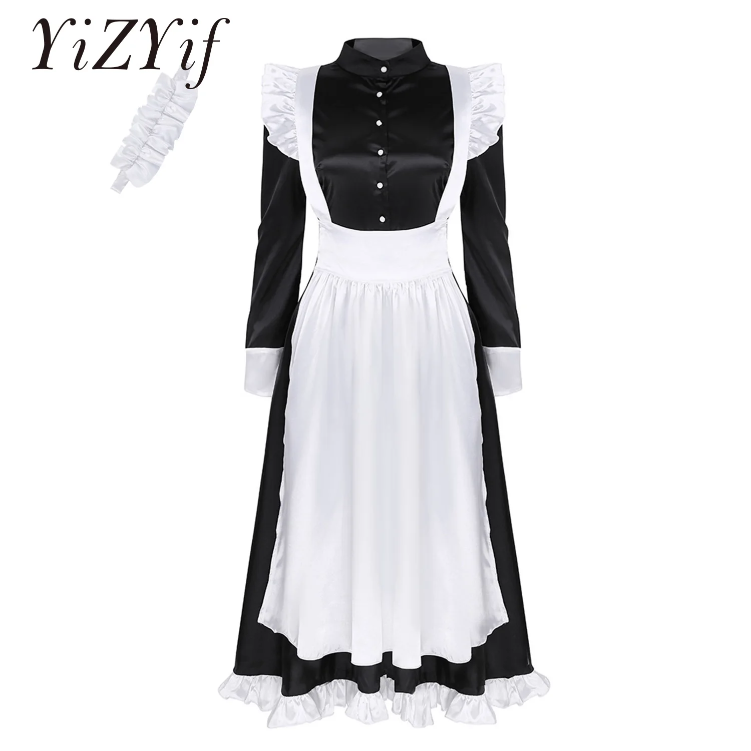 

Women Maid Cosplay Sexy Costume Long Sleeves Front Button Down Long Maxi Fancy Dress with Apron and Headpiece Maid Sexy Costume