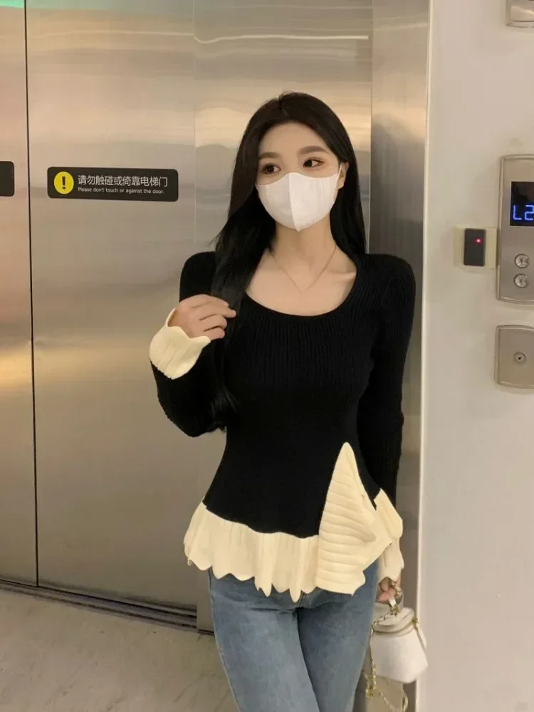 Y2K асимметричный вязаный свитер пуловеры черный Sueter Mujer винтажная туника с