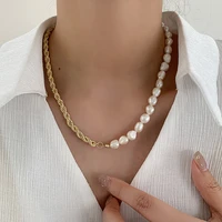 allnewme classic irregular genuine pearl beaded necklace for women ladies gold colour alloy twisted rope chain necklace jewelry