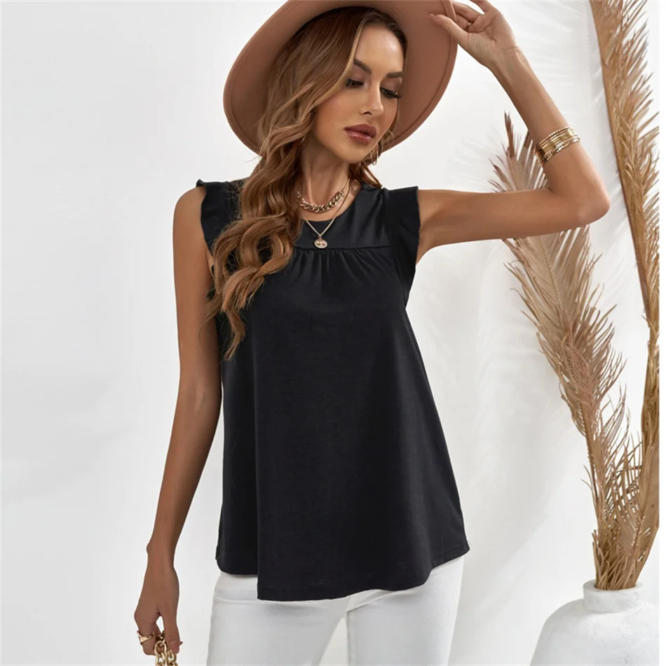 

Майка женская с оборками, Однотонная рубашка без рукавов, с круглым вырезом, Свободный Топ в офисном стиле, белый цвет, на лето