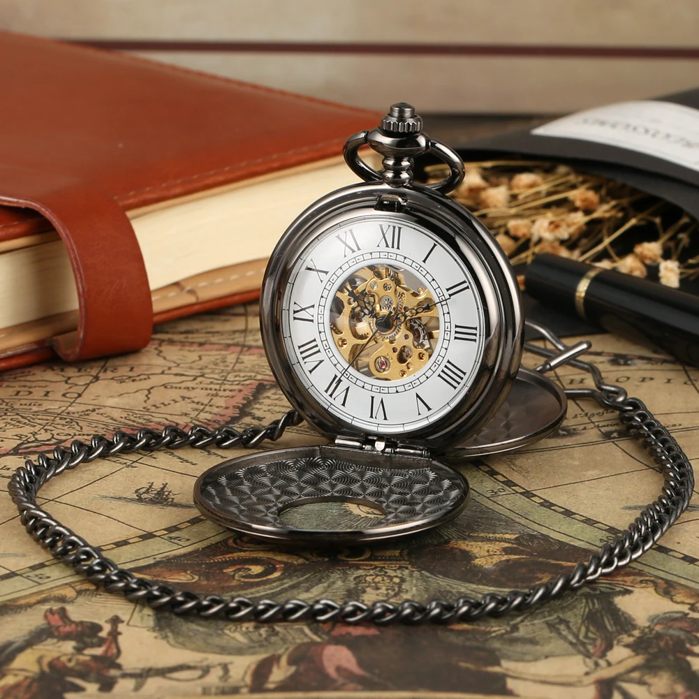 Black Roman Numerals Double Cover Manual Mechanical Pocket Watch Exquisite Round Dial Antique Pendant Pocket Timepiece Male