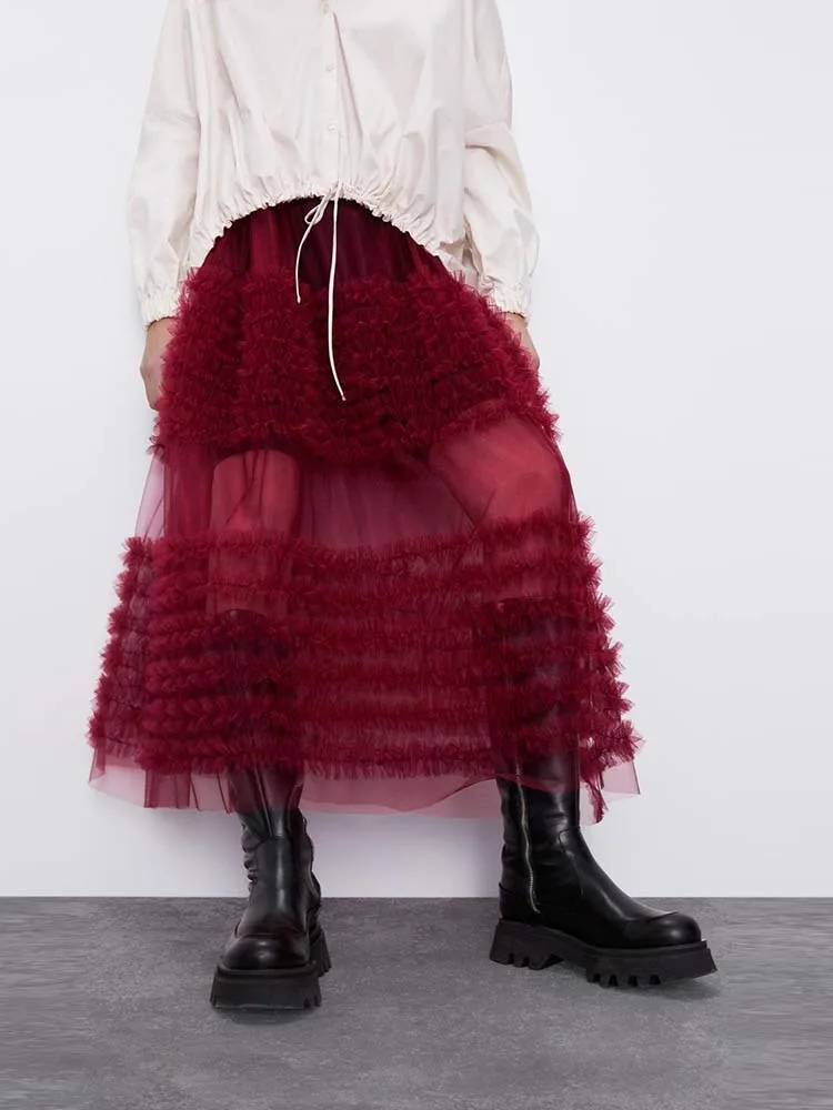 [EAM] Женская длинная юбка с высокой эластичной резинкой на талии Цвет