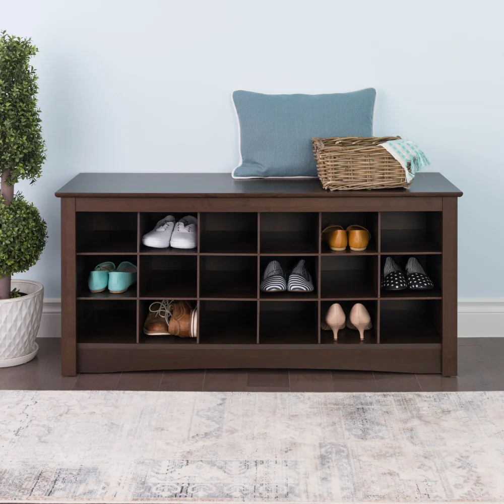 

3-Tier Storage Cubby Bench Shoe Rack, Wood, Brown, Finished in durable rich espresso laminate