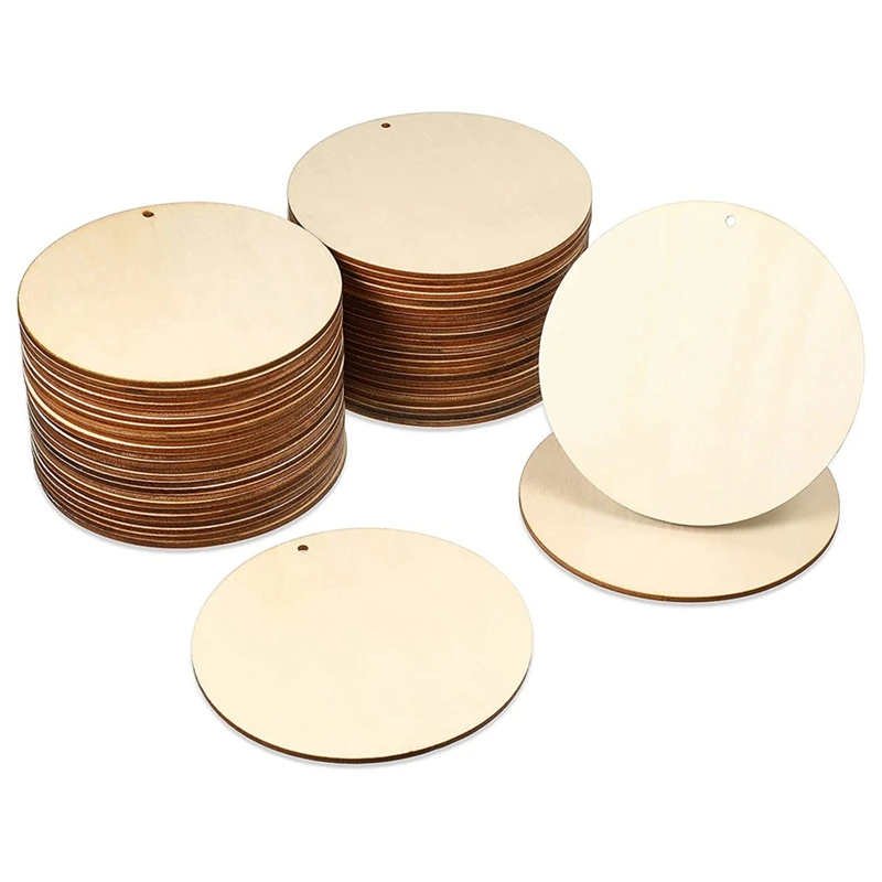 

New 50 Pieces Wood Circles Unfinished Round Cutouts Pre-Drilled Tags Slices Blank Wooden Discs With Holes Pendants (4 Inch)