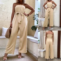 women fashion sleeveless wide leg jumpsuit ladies solid color strapless front buttons long pant with removable waist belt