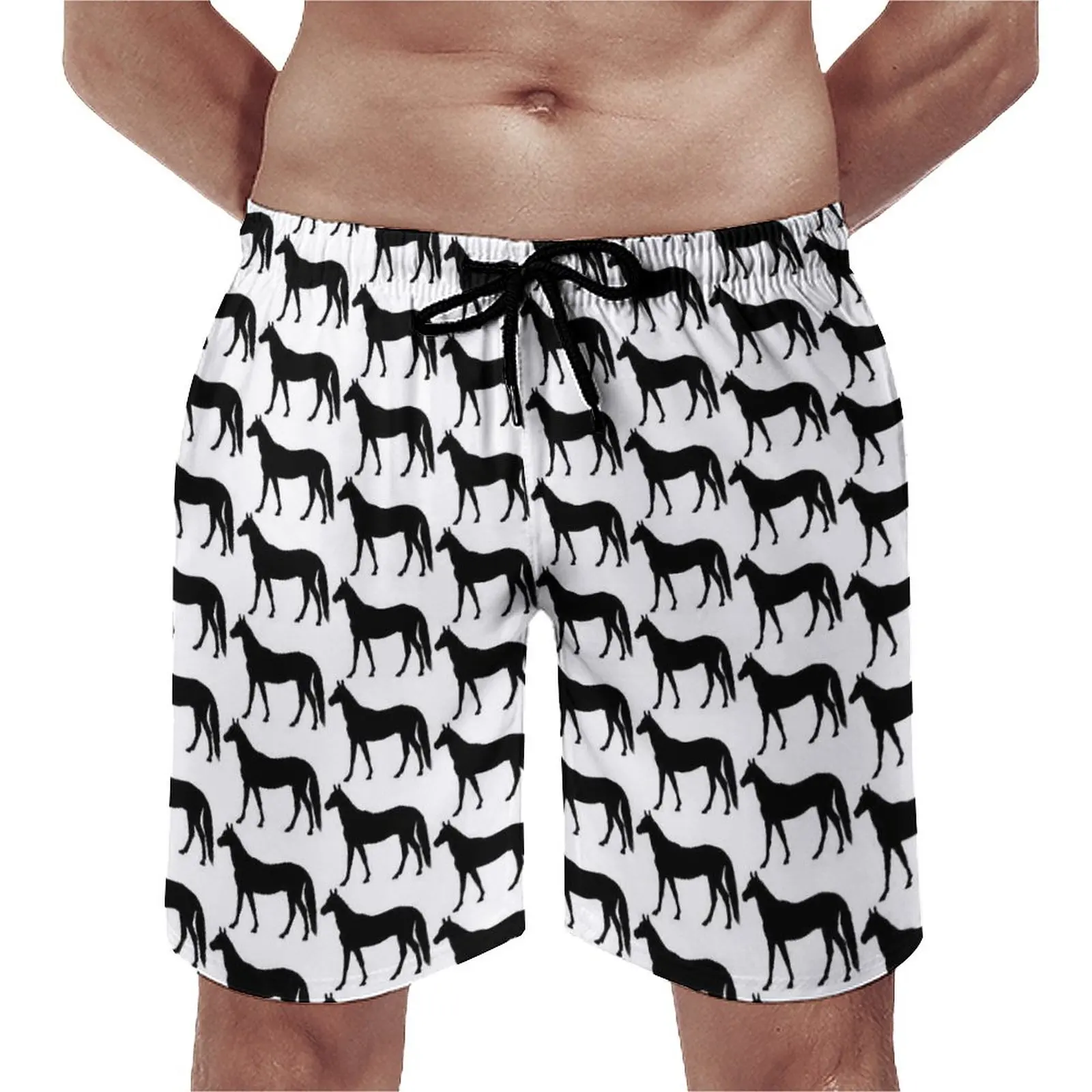 

Horse Pattern Board Shorts Animal Beautiful Black White Horses Board Short Pants Hot Male Classic Print Swim Trunks Plus Size