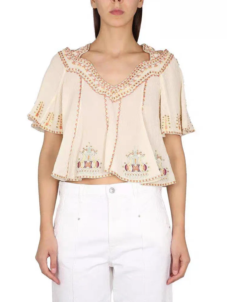 

Three-Dimensional Embroidery Blouse Women Beading Retro Bohemia V-neck Butterfly Sleeve 2023 Summer Female Shirt