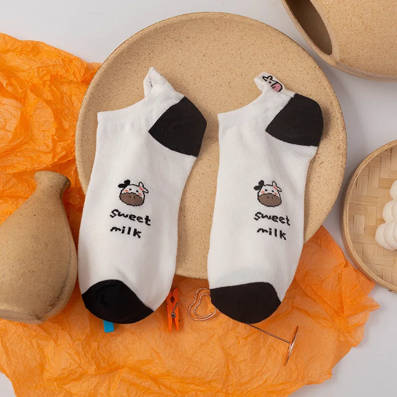 Cow Cartoon Socks Cute Socks Women Black and white Sweet Japanese Short Tube Socks Embroidered Striped Cartoon Boat Socks