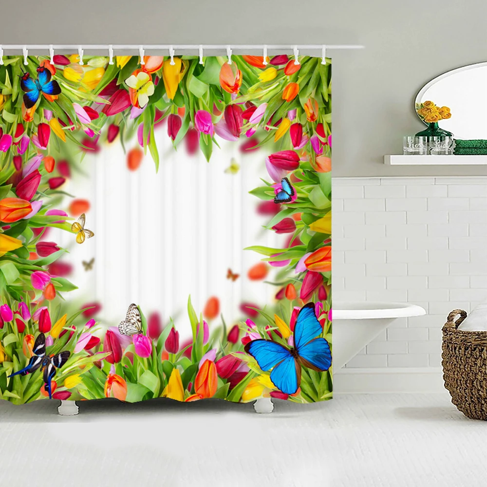 Водонепроницаемая занавеска для душа в виде тюльпана Цветочная с рисунком