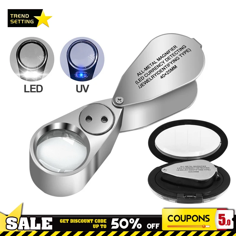 

40x 25mm Foldable Magnifier Metal Jewelry Loupe Magnifying Glass Portable Handheld Eye Magnifier LED Lamp UV Light Lamp
