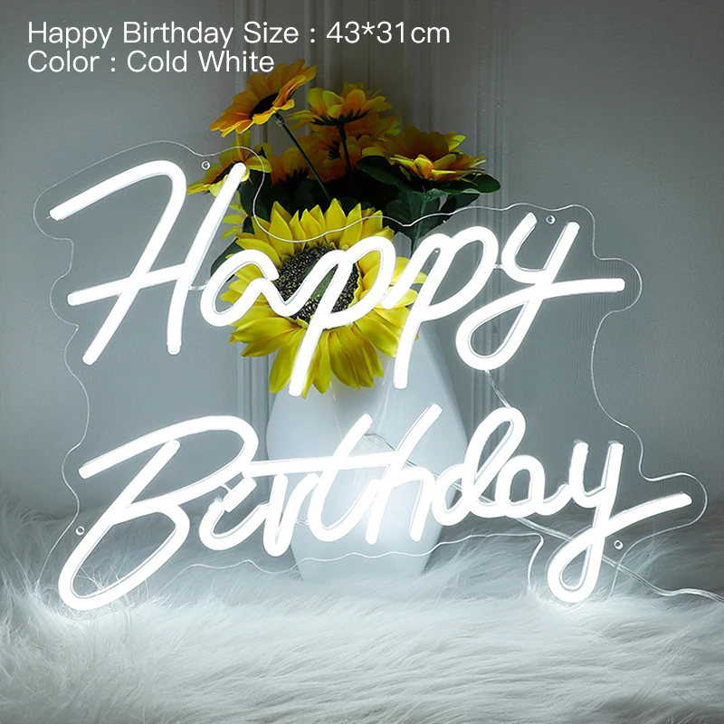 Белая неоновая вывеска на день рождения для украшения стен с питанием от USB